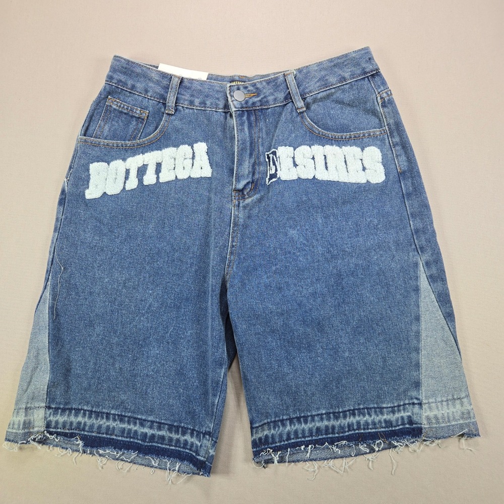 Bottega Desires Denim Shorts Chenille Patch Raw Hem Blue Mens Size L